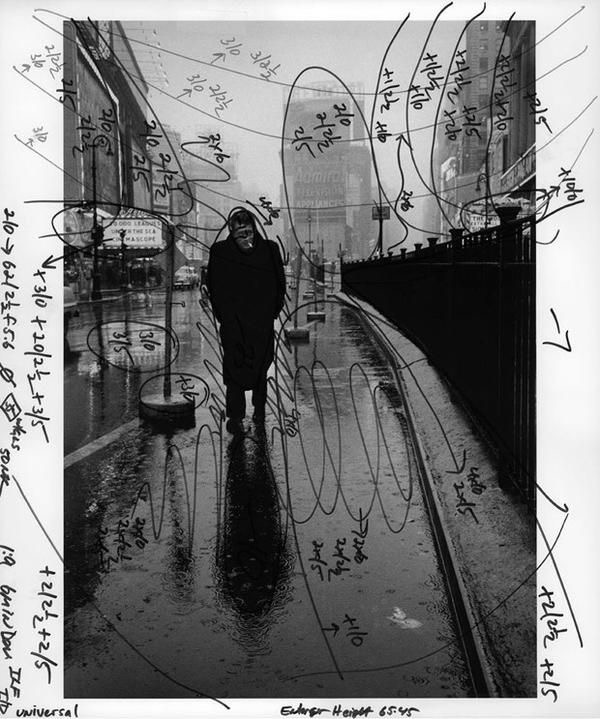 Collage with a man walking and smoking in the city and doodles