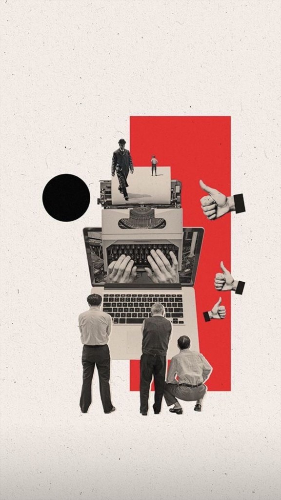 Collage of geometric figures, humans standing, laptops, typing machines and hands 
